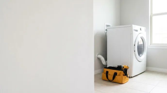 Front-load clothes dryer in a bright Leander laundry room