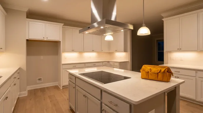 Freestanding range with a cooktop and oven in a kitchen