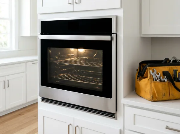 Wall oven with the door closed in a kitchen