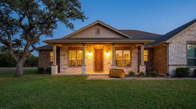 Limestone front porch of a home in the Leander, Texas area at dusk