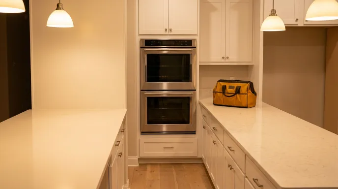Double wall oven set into kitchen cabinets