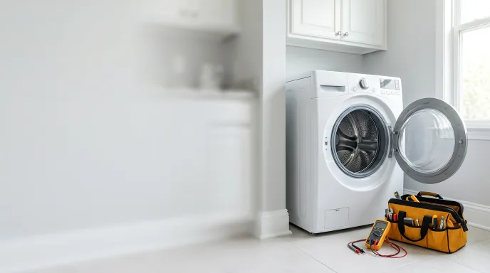 Front-load washing machine in a bright Leander laundry room