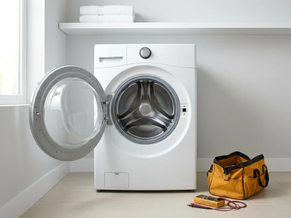 Front-load washing machine in a laundry room