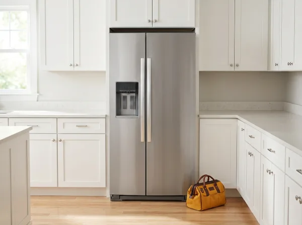 Stainless steel refrigerator in a Leander kitchen