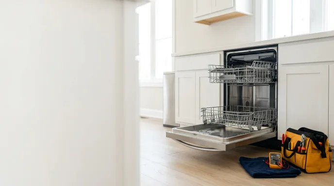 Built-in stainless steel dishwasher in a bright Leander kitchen