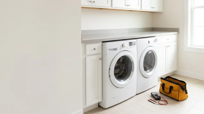 Bright laundry room with a washer and dryer in a Leander home