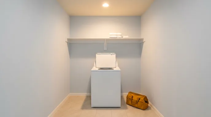 Front-load washing machine with the door open in a laundry room